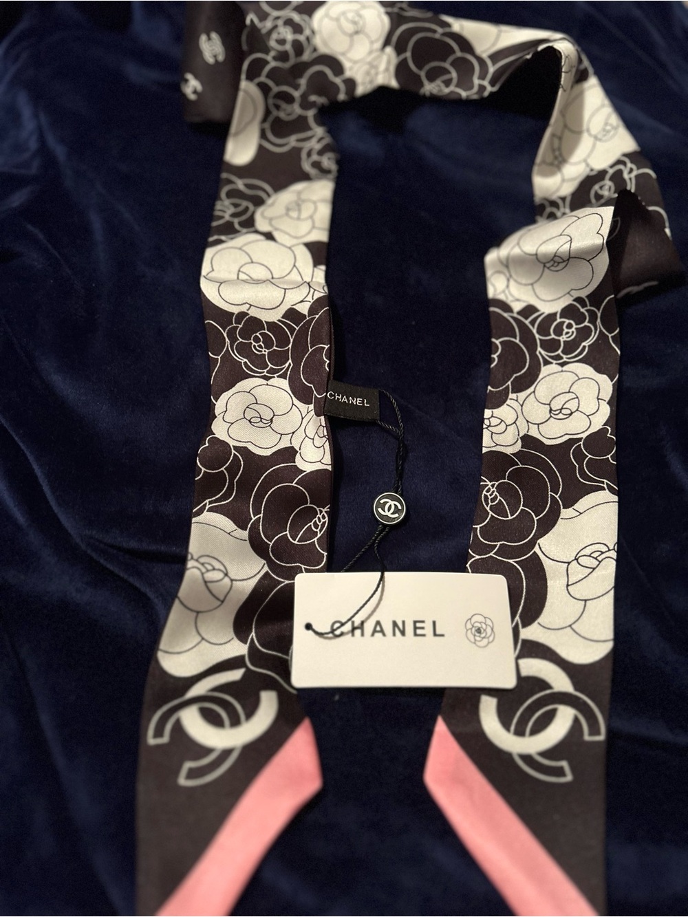 CHANEL Black and Pink Camellia Pattern  100%Silk Twilly! Simply gorgeous!